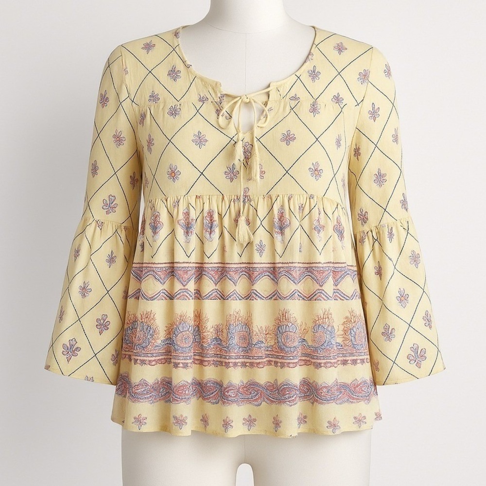 Anthropologie Bell Sleeve Peasant Top Size M Yellow Cottagecore Boho Hippie